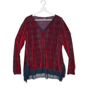 Simply Vera Vera Wang Top Womens XL Red/Black Velvet burnout style Tunic V-Neck